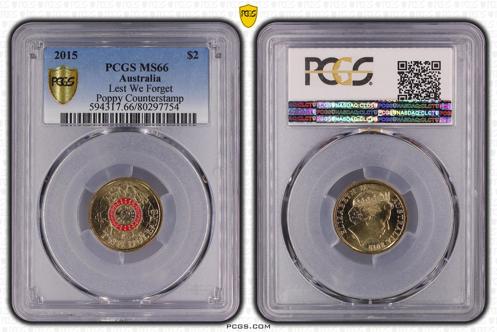 2015 Australia Two Dollar, $2 Lest We Forget Poppy counterstamp PCGS - MS66 -754