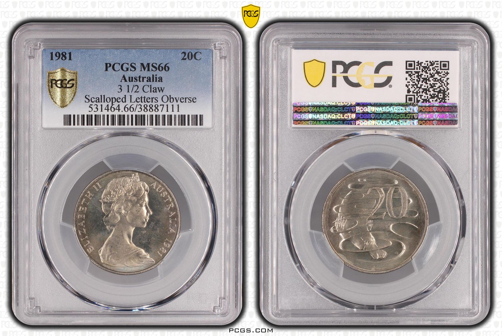 1981 Australia Twenty Cent, 20c 3 1/2 Claw, Scalloped Letters Obv PCGS - MS66 -111
