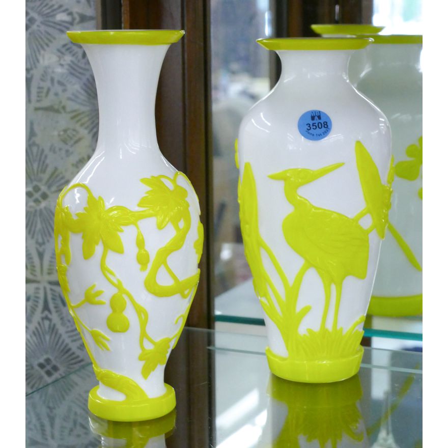 2pc Chinese Yellow Peking Glass Carved Vases 8''