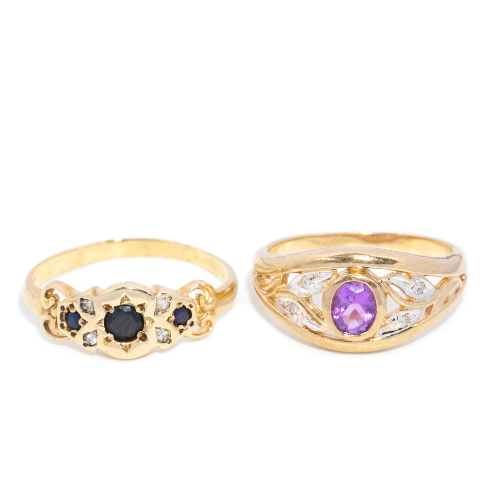 56 · Two Sapphire Amethyst & Diamond 9ct Gold Rings