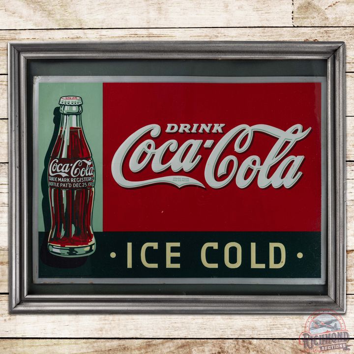 1930s Drink Coca Cola Ice Cold Embossed SS Tin Sign w/ Christmas Bottle