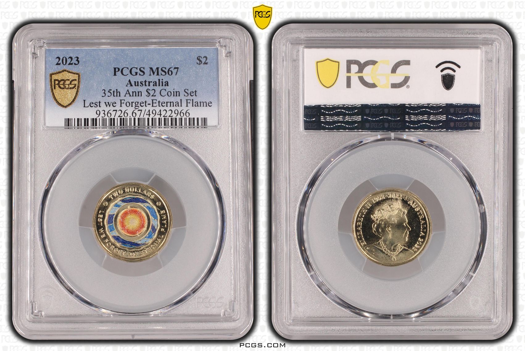 35th Ann $2 Coin Set Colorized Lest we Forget-Eternal Flame, Two Dollar, 2023, PCGS MS67