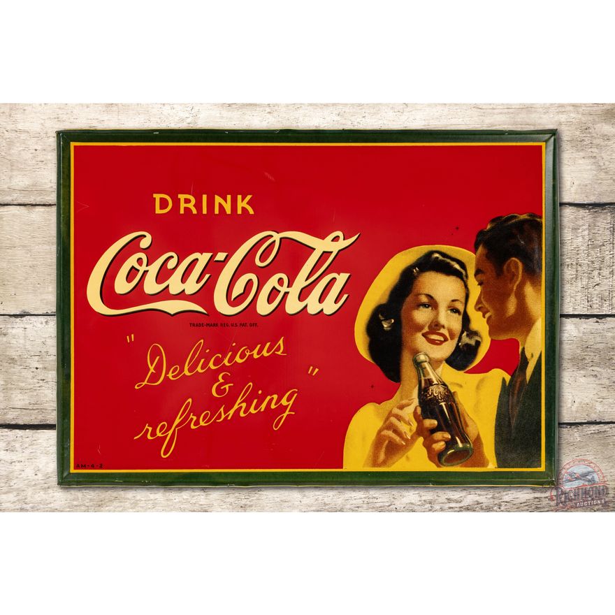 Drink Coca Cola Delicious & Refreshing w/ Couple & Bottle Tin Sign