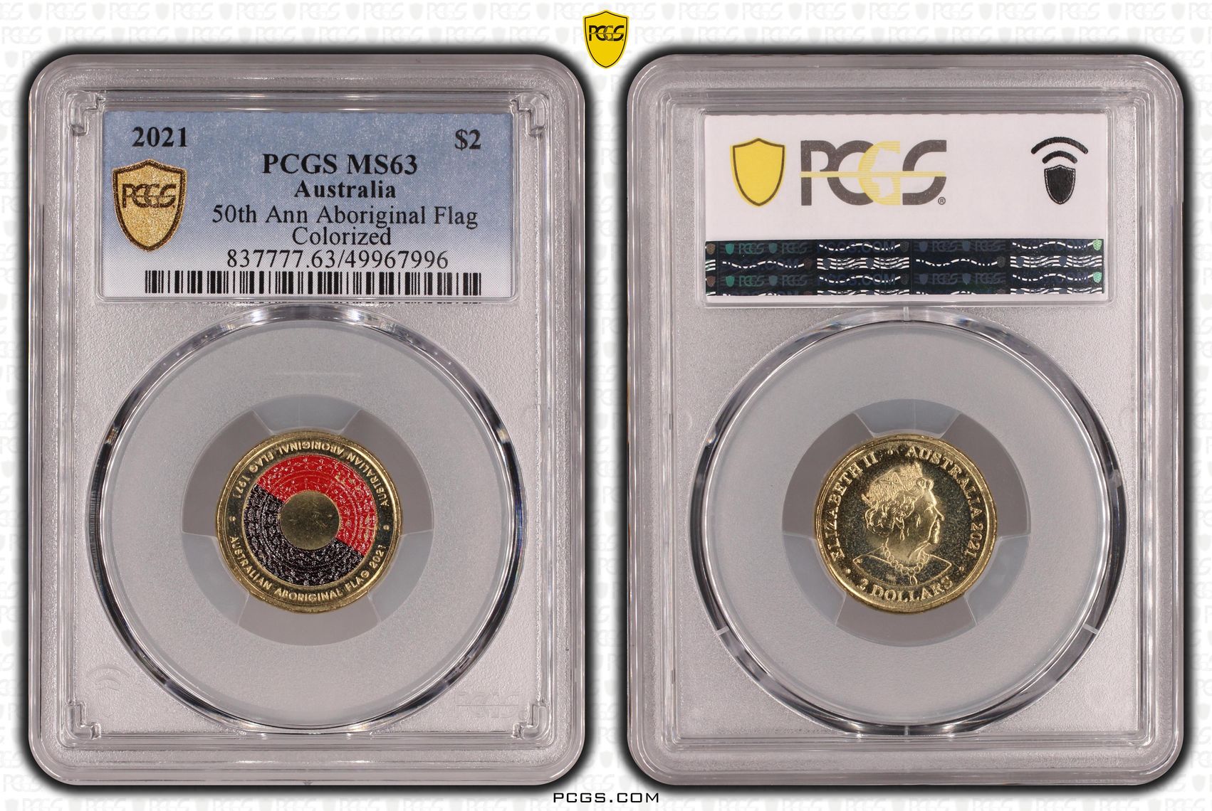 50th Ann Aboriginal Flag Colorized , Two Dollar, 2021, PCGS MS63