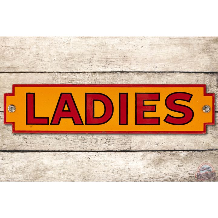 Shell Ladies Restroom Black Border Die Cut Porcelain Sign