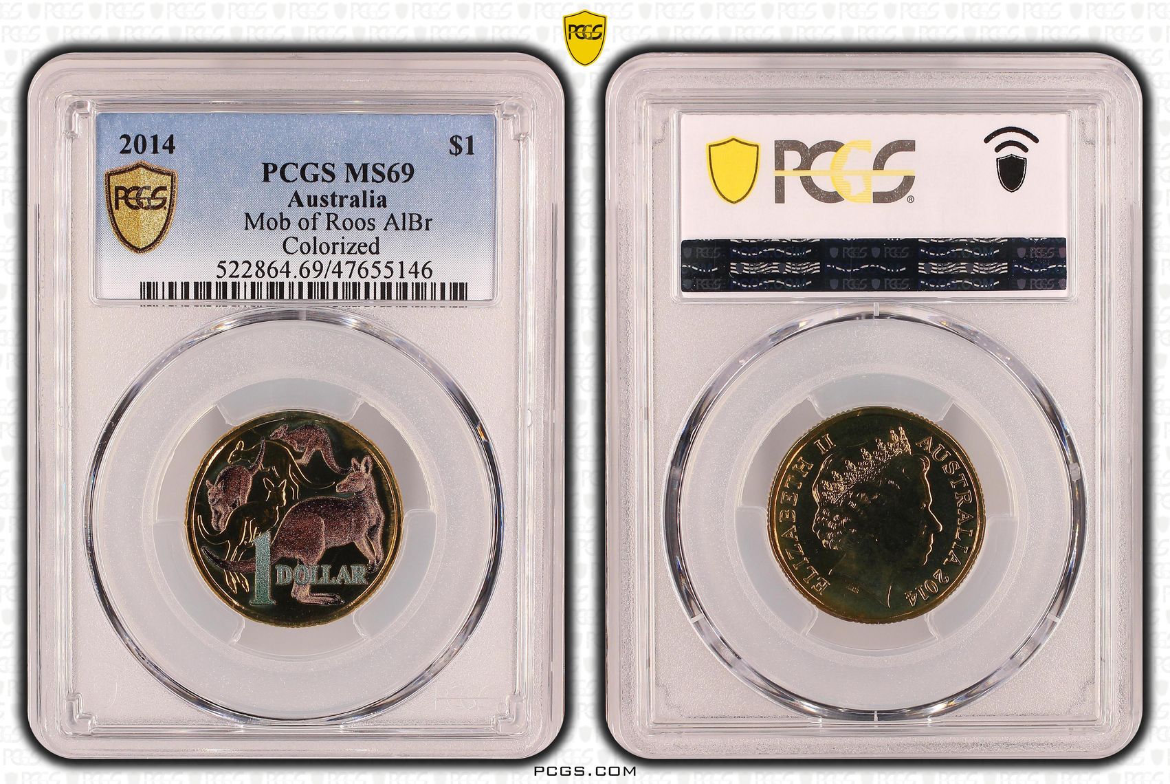 368 · Elizabeth II, Mob of Roos AlBr Colorized, One Dollar, 2014, PCGS MS69