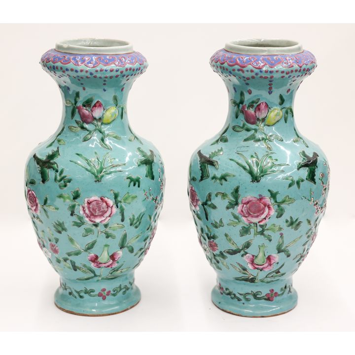 Pair Chinese Molded Turquoise Porcelain Vases
