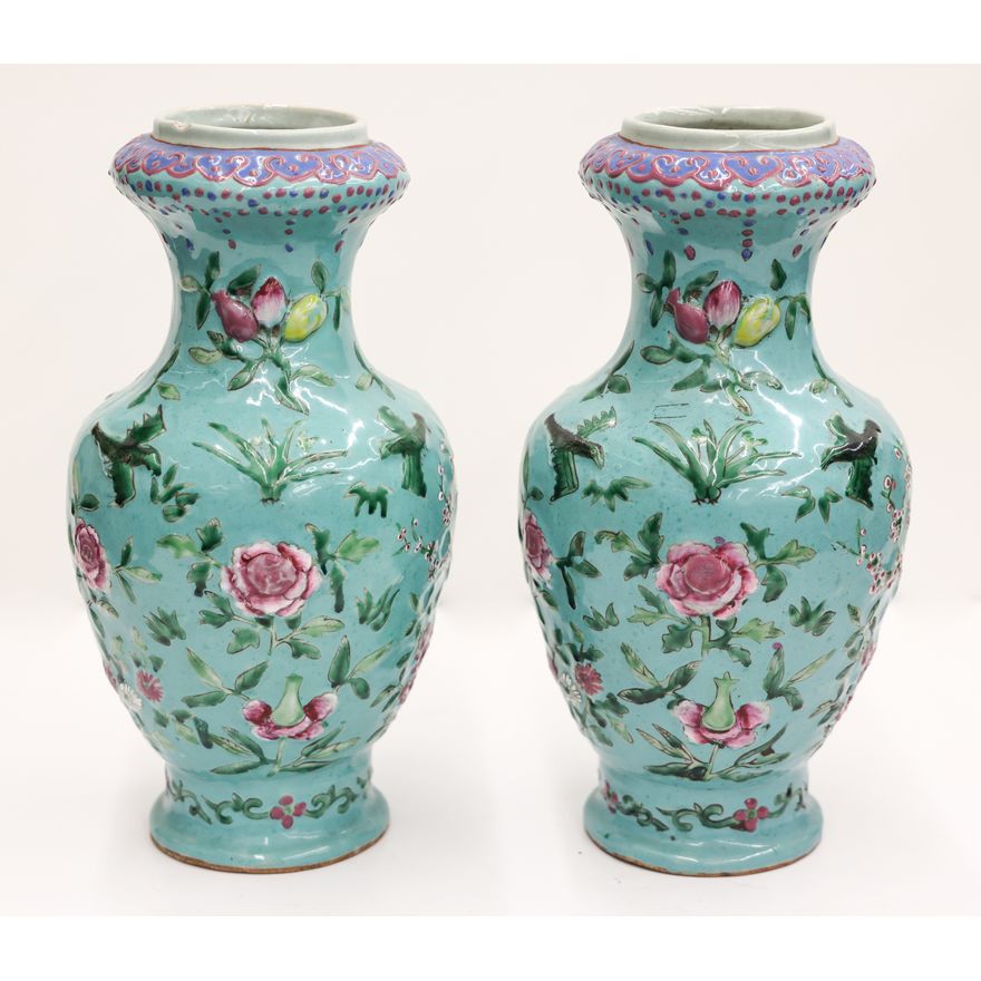 Pair Chinese Molded Turquoise Porcelain Vases