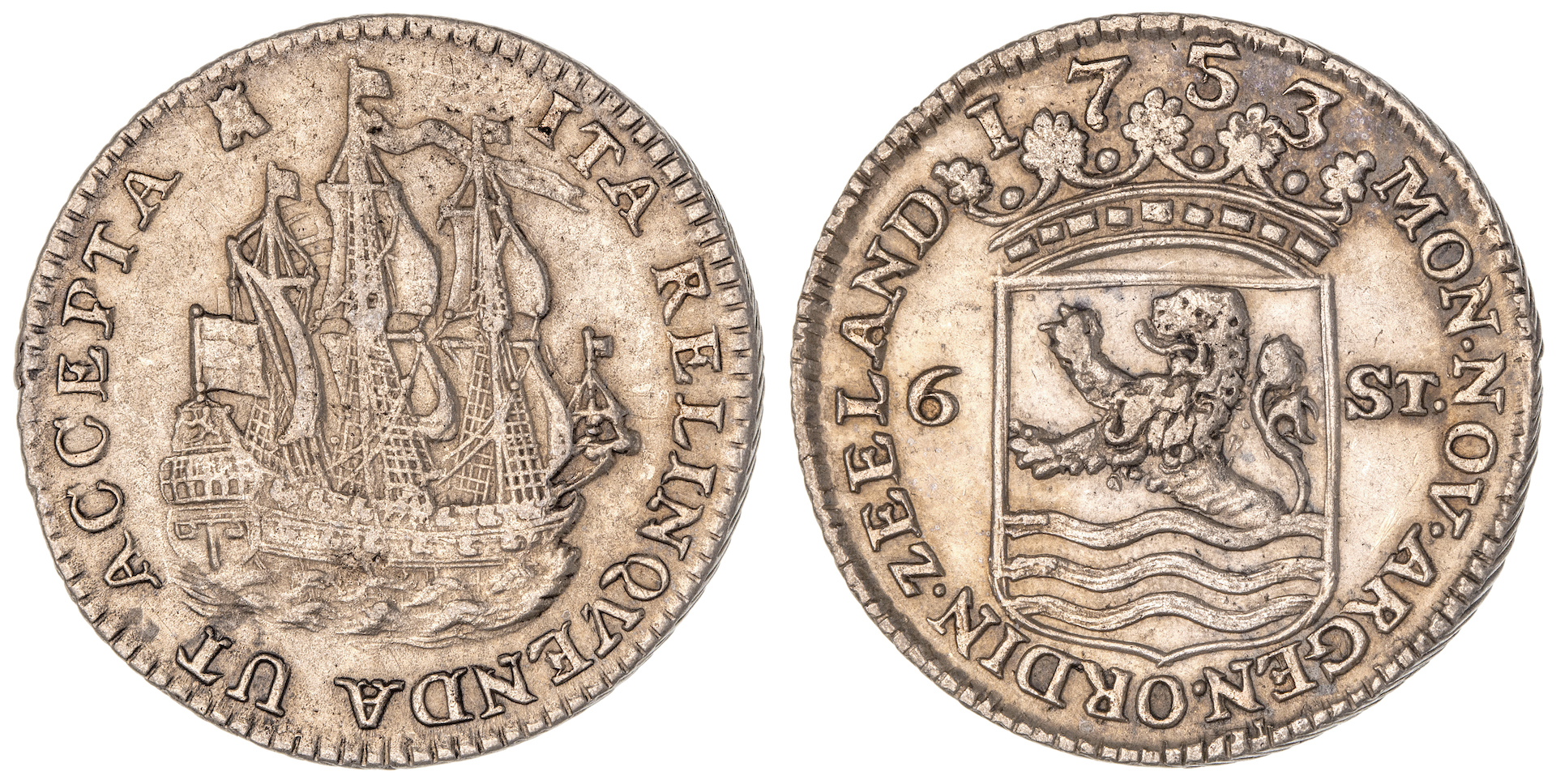Netherlands East Indies, Zeeland, Six Stuivers, 1753, gVF