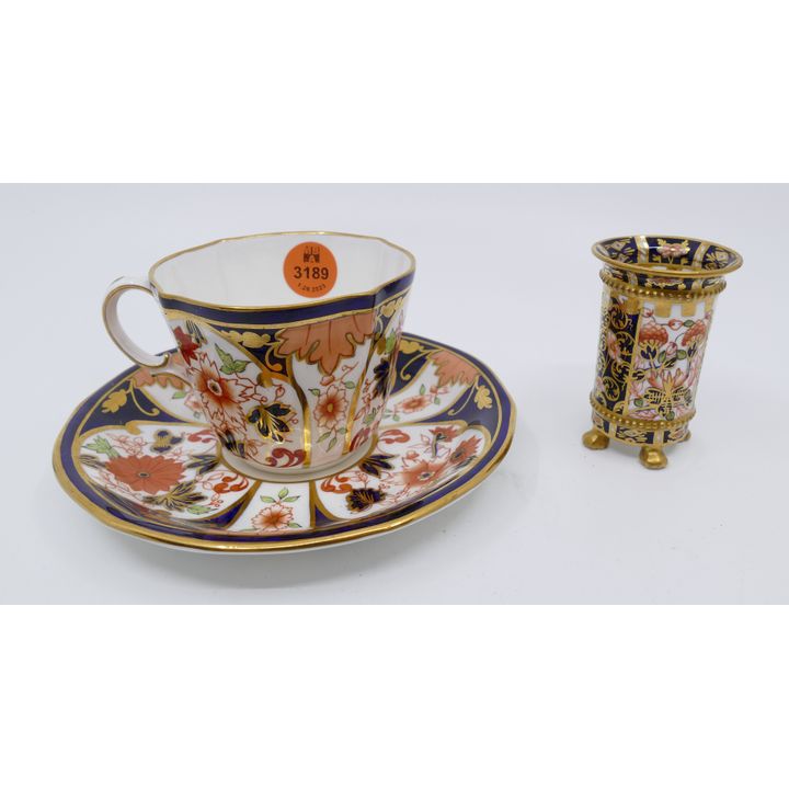 3pc Royal Crown Derby Imari Cup Saucer & Gilt Imari Toothpick Holder