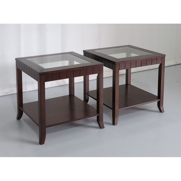 PAIR OF BEVELLED GLASS TOP MAHOGANY TWO-TIER SIDE TABLES