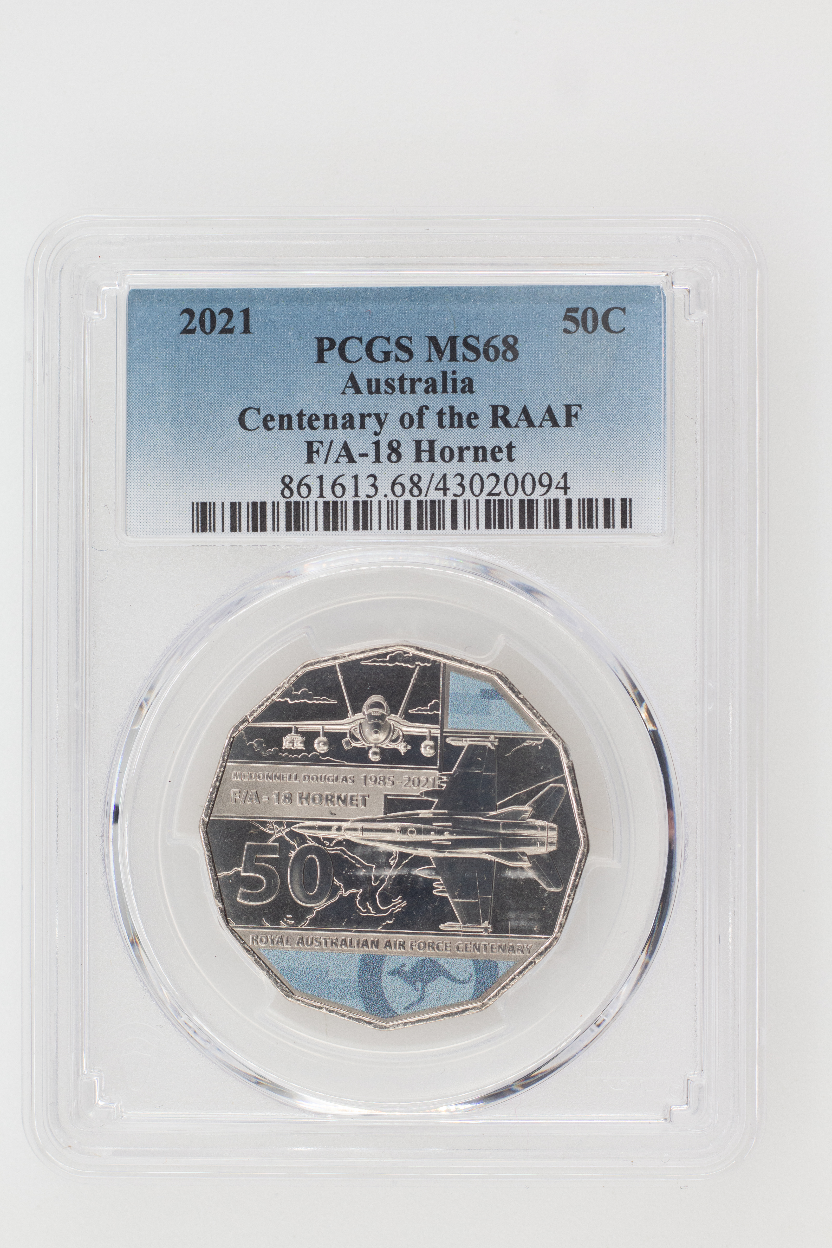 2021 Australia Fifty Cent, 50c Centenary of the RAAF F/A-18 Hornet PCGS - MS68 -094