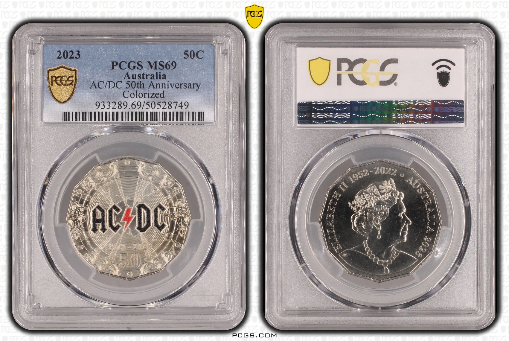 AC/DC 50th Anniversary Colorized, Fifty Cent, 2023, PCGS MS69