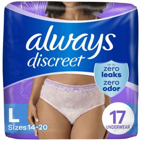8.58 IN X 11.42 IN X 5.91 IN ALWAYS DISCREET, FEMALE ADULT ABSORBENT UNDERWEAR ALWAYS DISCREET PULL ON WITH TEAR AWAY SEAMS LARGE