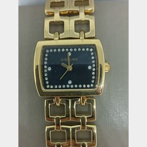 LADIES STERLING - GOLD PLATED - BLACK DIAL - STONES - 51929/11939
