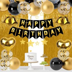LOVESTOWN BIRTHDAY PARTY DECORATIONS - HAPPY BIRTHDAY BANNER, BLACK & GOLD CONFETTI BALLOONS, HANGING SWIRLS FRINGE CURTAIN