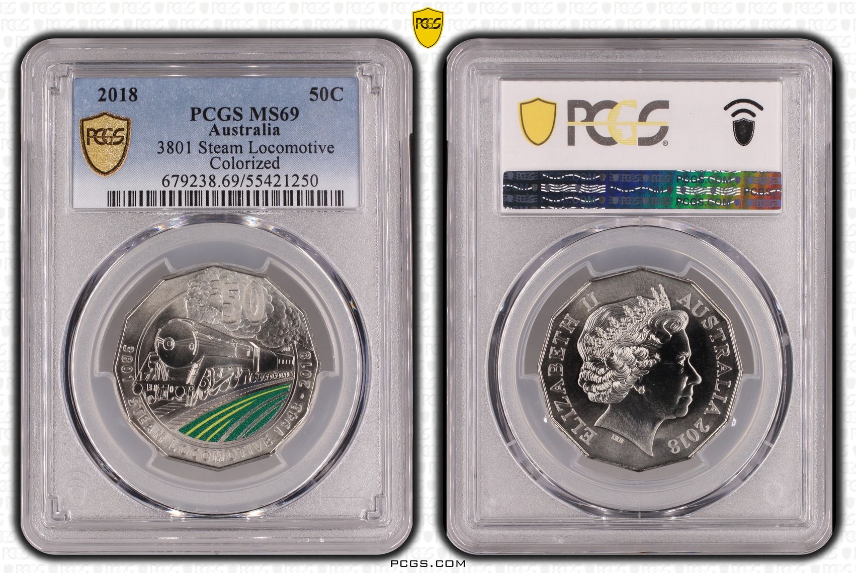 3801 Steam Locomotive Colorized, Fifty Cent, 2018, PCGS MS69