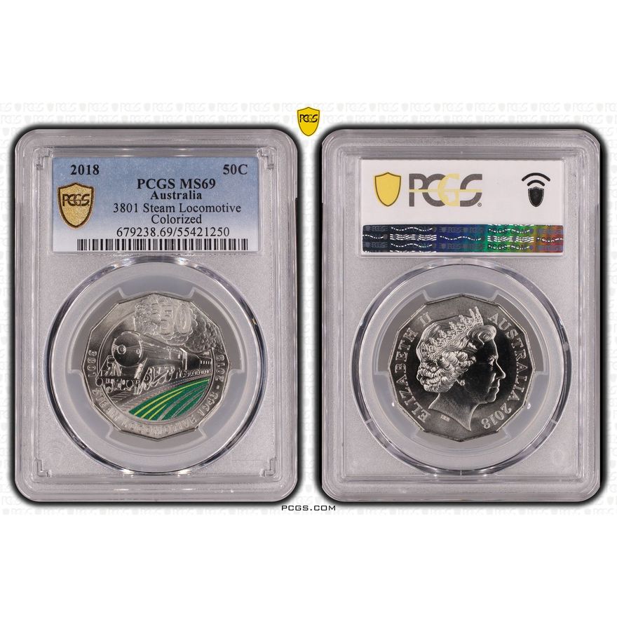 3801 Steam Locomotive Colorized, Fifty Cent, 2018, PCGS MS69