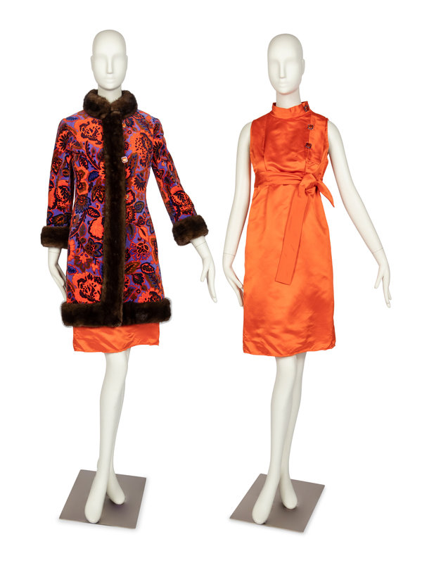 Bill Blass for Maurice Rentner Floral Velvet Coat &amp; Dress Ensemble with Mink Trim, 1960s