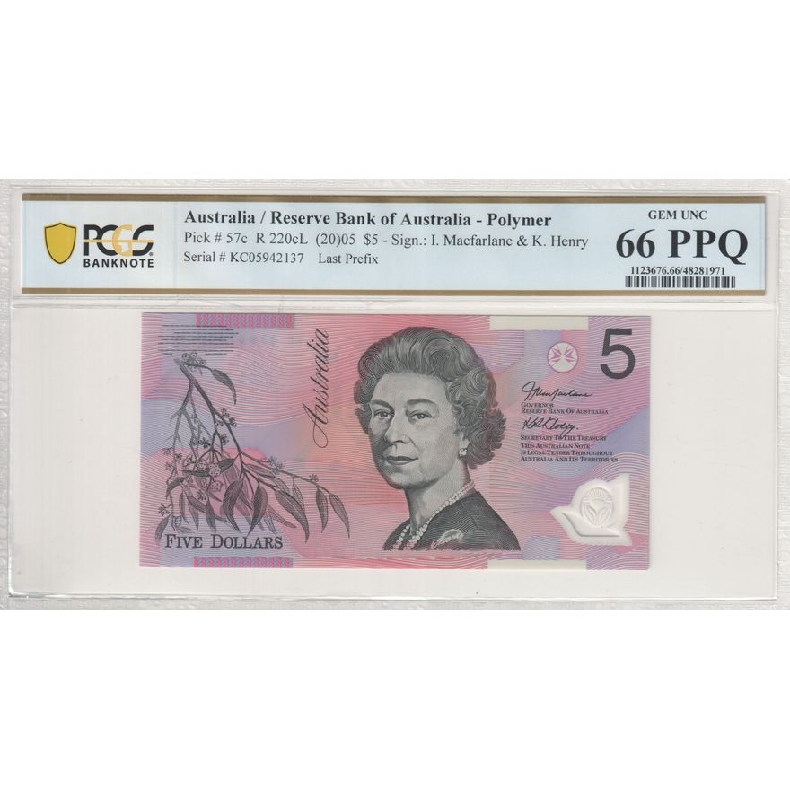 Macfarlane/Henry, Last Prefix, Five Dollar, 2005, PCGS Gem UNC 66 PPQ