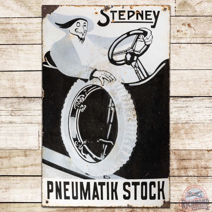 Early Stepney Tires Pneumatik Stock Tyres SS Porcelain Garage Sign w/ Car & Tire