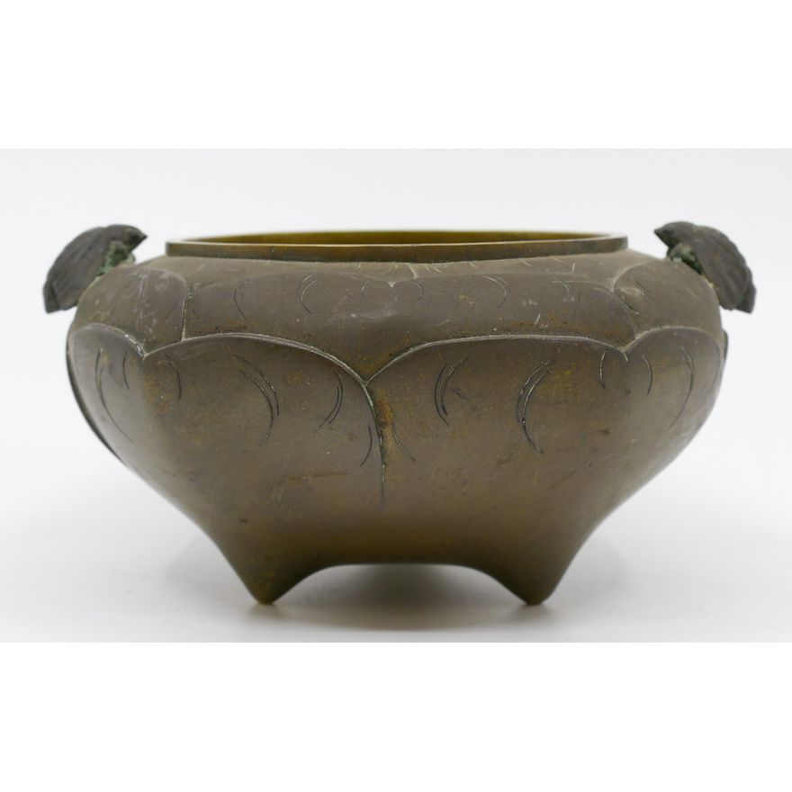 Old Chinese Bronze Cicada Handled Tripod Censer 2.75''x5.5''