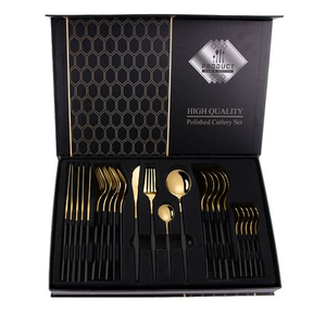 22 Piece Stainless Steel Cutlery Set Black Gold | TWO KNIVES MISSING