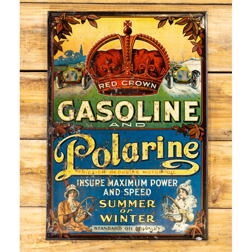 Red Crown Gasoline w/ Early Cars & Ladies Single Sided Metal Tin Sign TAC 7.25