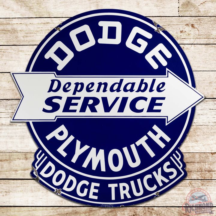 Striking Dodge Trucks Plymouth Dependable Service 48" Die Cut Double Sided Porcelain Sign w/ Arrow