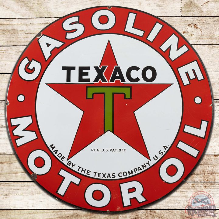 Texaco Gasoline Motor Oil 42" SS Porcelain Sign "Black T"