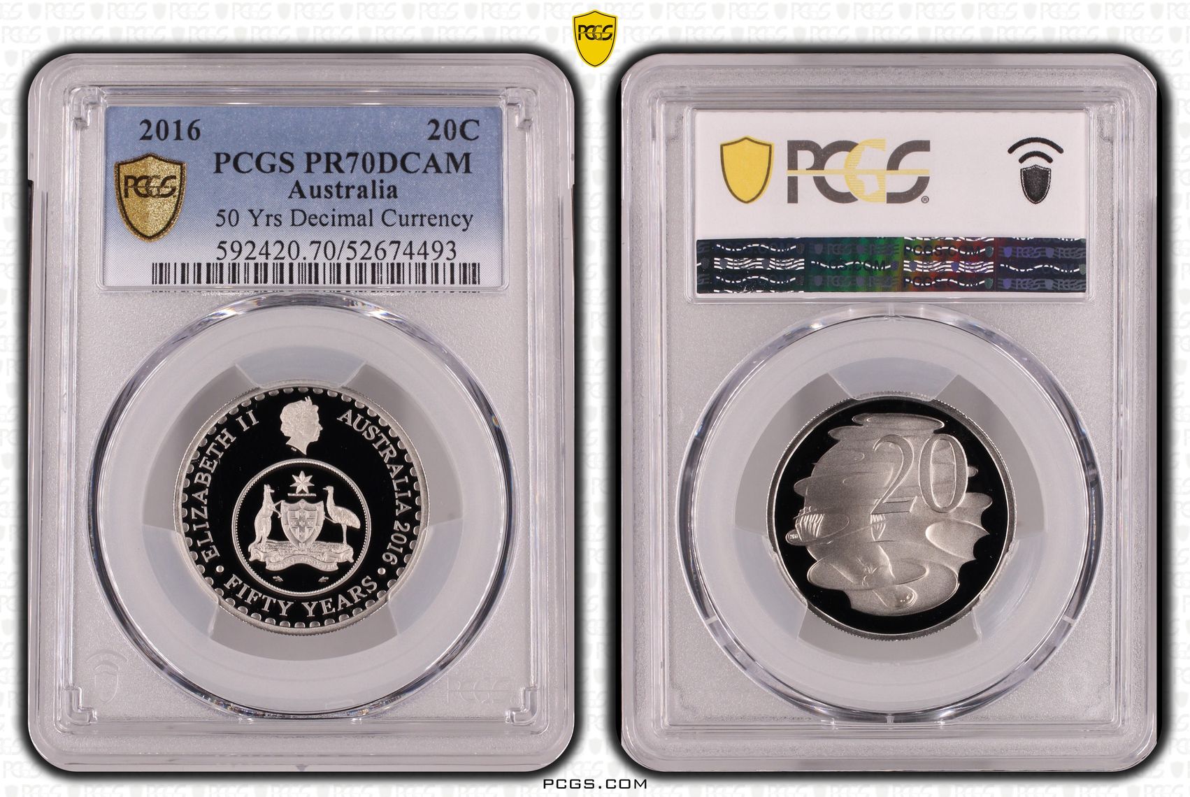 50 Yrs Decimal Currency, Twenty Cent, 2016, PCGS PR70DCAM