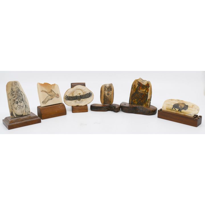 6pc Scrimshawed Tusk Fragments on Stand Largest 4''