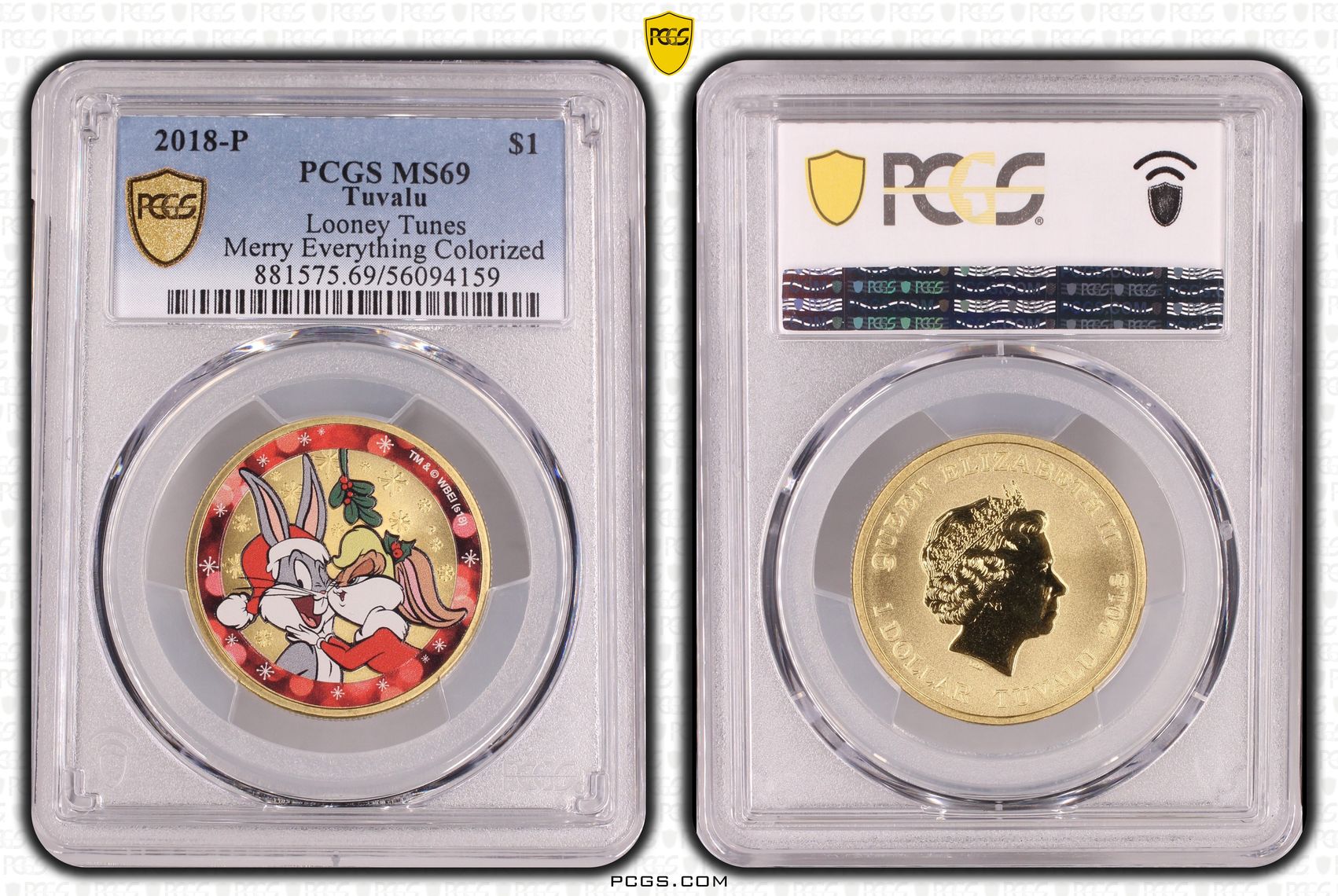 281 · Tuvalu, Looney Tunes Merry Everything Colorized, One Dollar, 2018-P, PCGS MS69