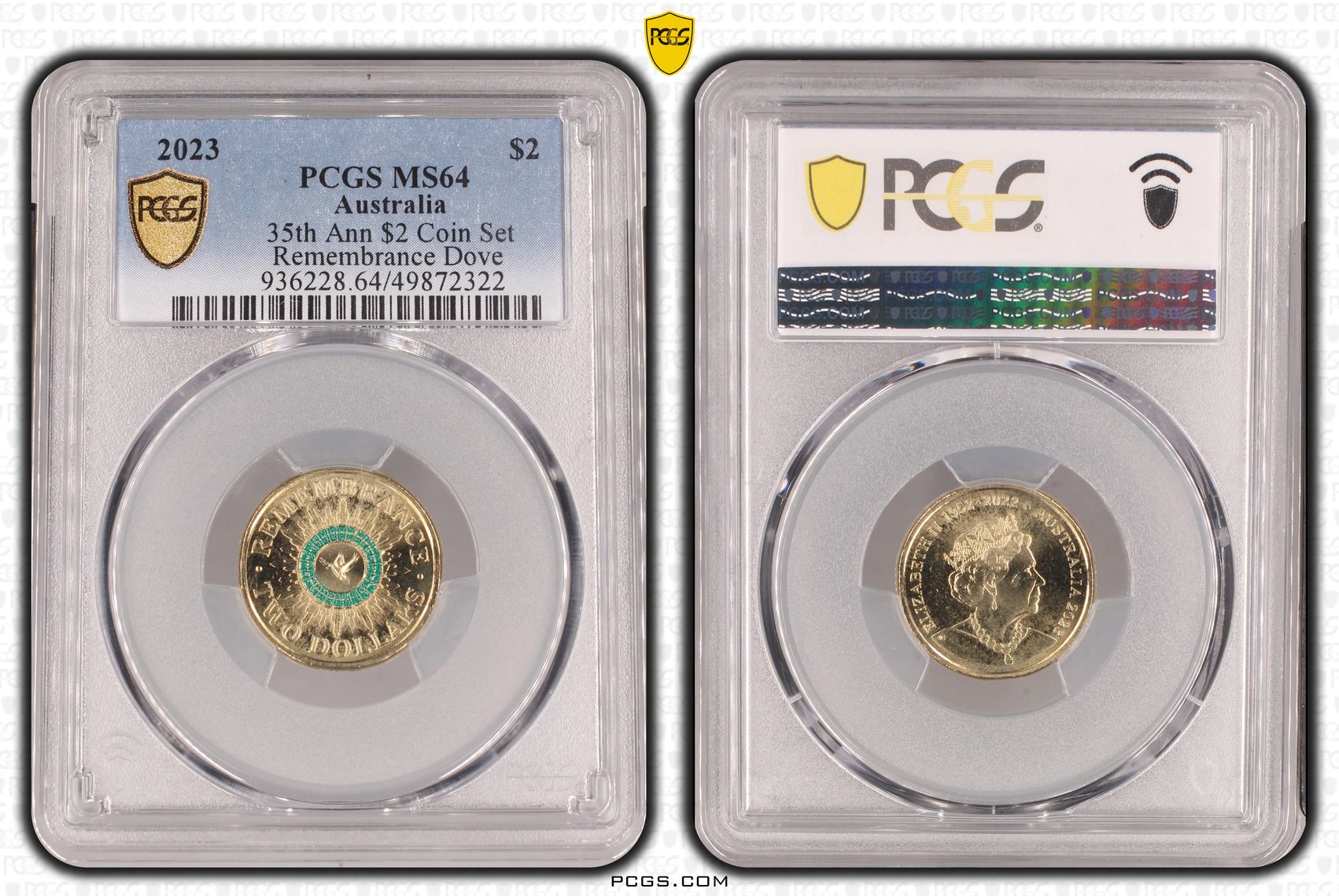 35th Ann $2 Coin Set Colourised Remembrance Dove, Two Dollar, 2023, PCGS MS64