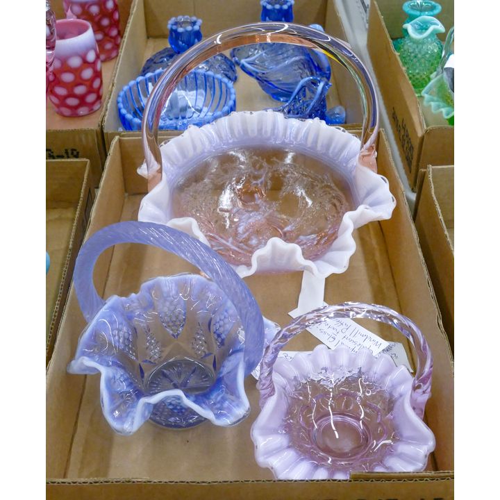 Box 3pc Pink Pattern Glass Baskets