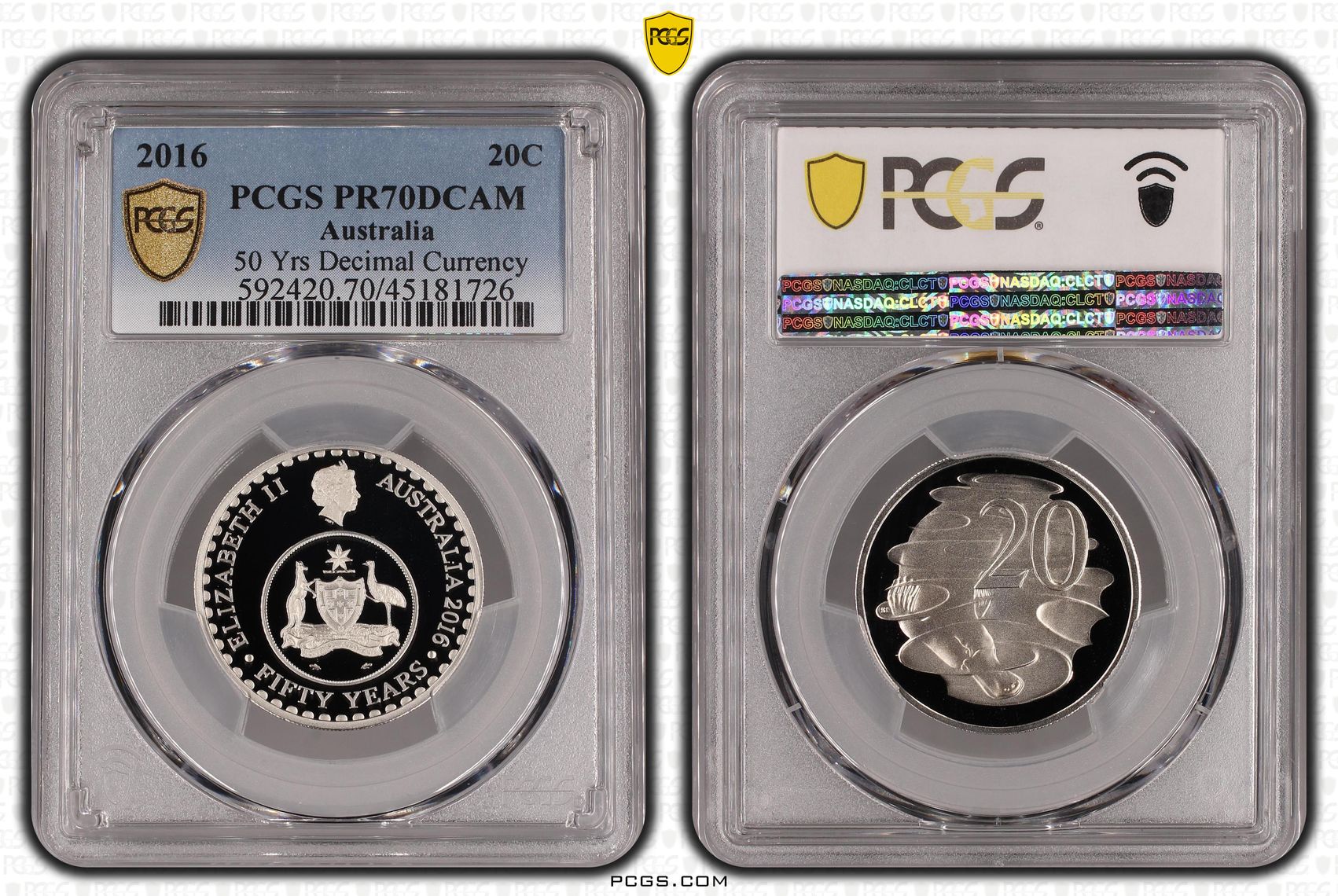 2016 Australian Twenty Cent, 20c Proof 50 Yrs Decimal Currency PCGS - PR70DCAM POP 146/0 -726