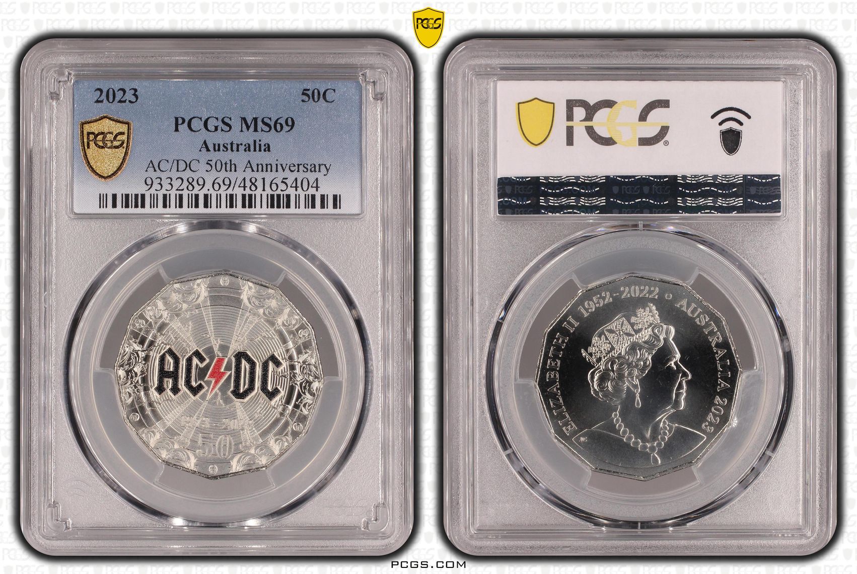 359 · Elizabeth II, AC/DC 50th Anniversary, Fifty Cent, 2023, PCGS MS69