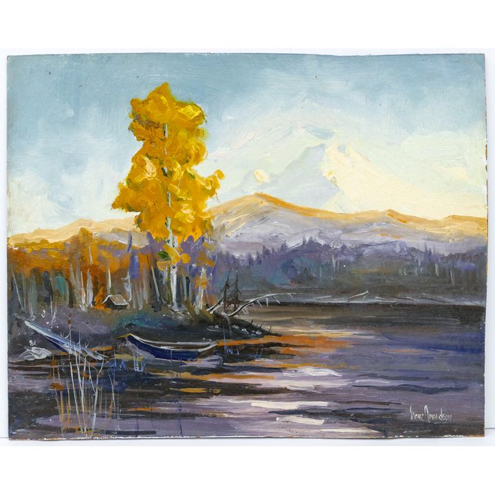 Gene Amondson ''Rainier over Lake'' 1984 Oil on Masonite 16''x20''