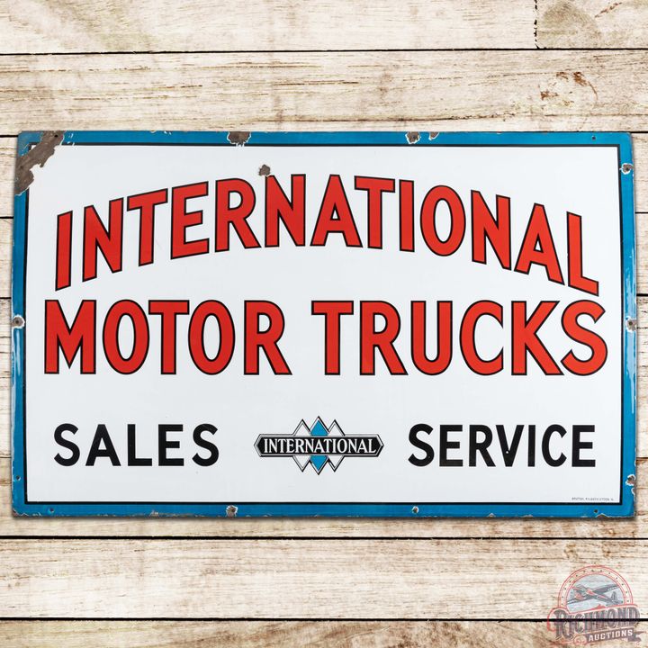International Motor Trucks Sales Service SS Porcelain Sign w/ Logo "Rare Size"