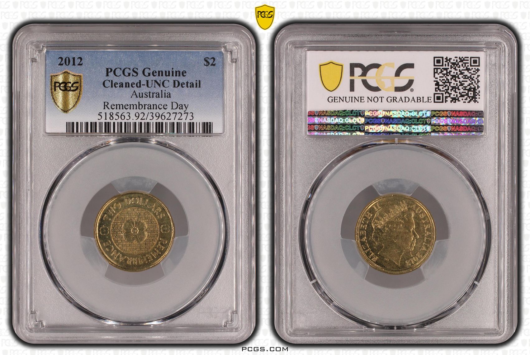 Elizabeth II, Remembrance Day, Two Dollar, 2012, PCGS Genuine - UNC Details (92 - Cleaned)