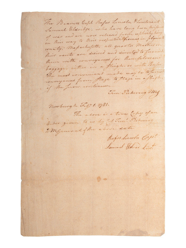 [REVOLUTIONARY WAR]. True copy of an order given by Timothy Pickering (1745-1829) as Quartermaster General. [Newburgh], [1 February 1781].