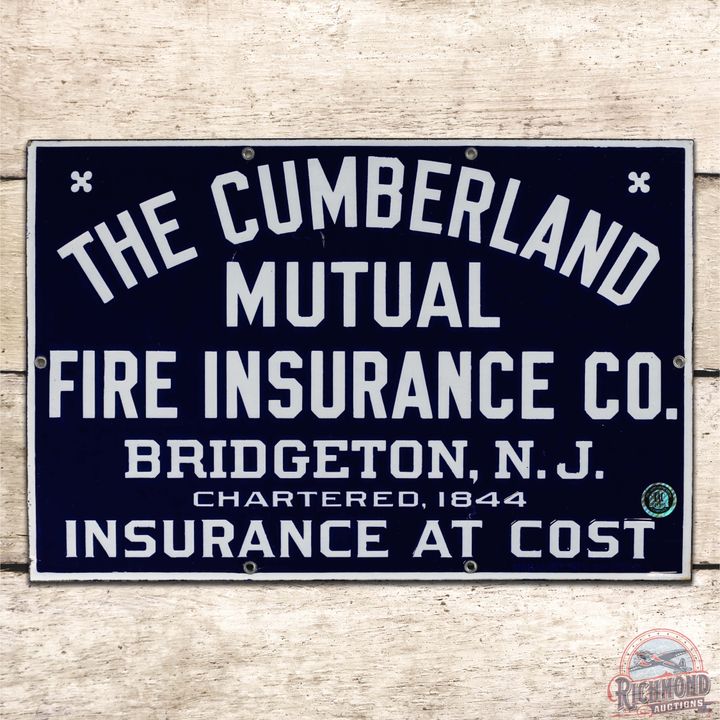 Nice The Cumberland Mutual Fire Insurance Co. Bridgeton NY Single Sided Porcelain Sign