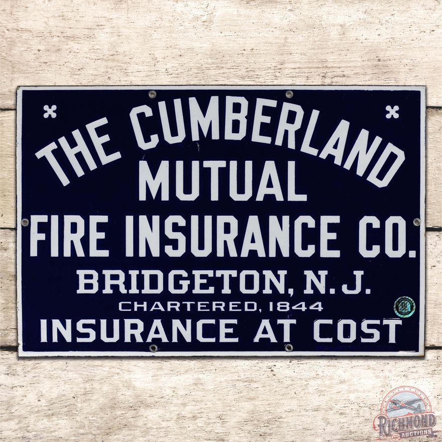 Nice The Cumberland Mutual Fire Insurance Co. Bridgeton NY Single Sided Porcelain Sign