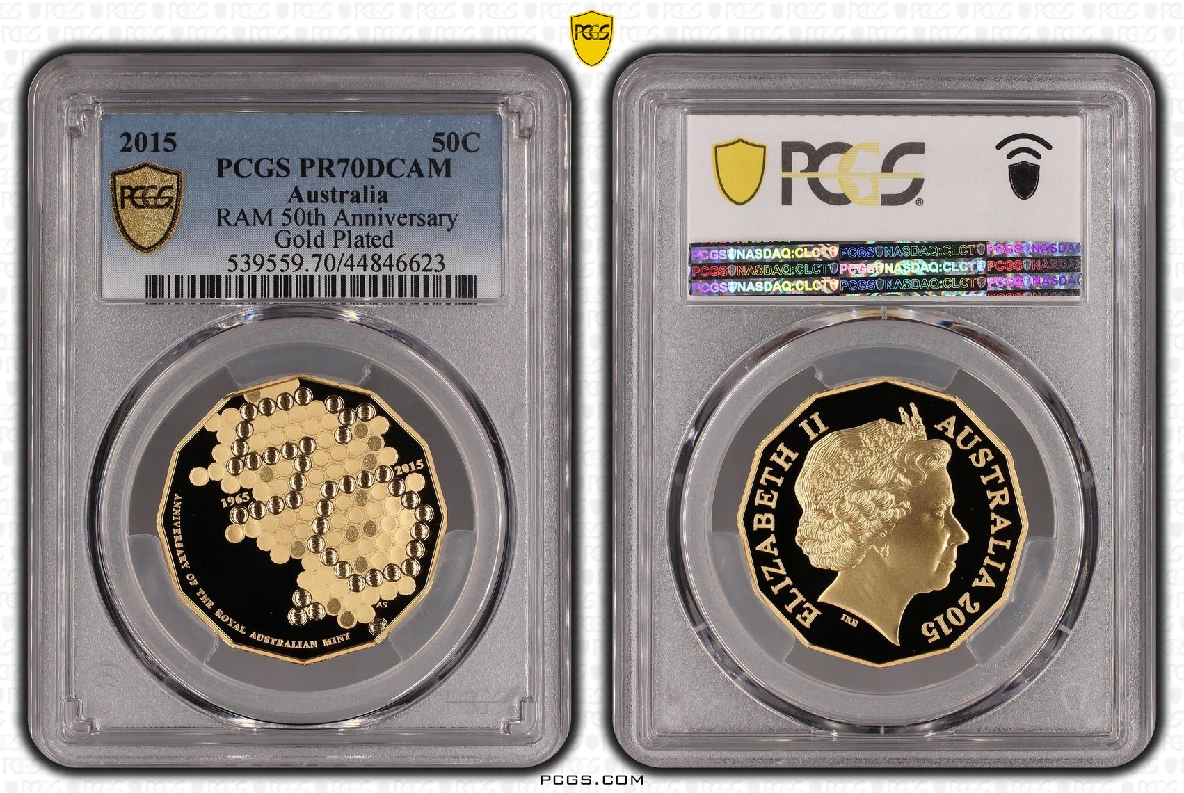 2015 Australia Fifty Cent, 50c RAM 50th Anniversary Gold Plated PCGS - PR70DCAM POP 65/0 -623