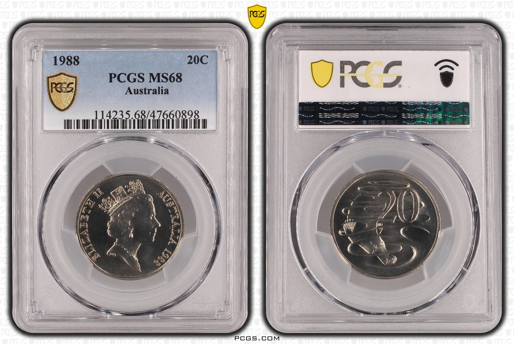 56 · Elizabeth II, Twenty Cent, 1988, PCGS MS68