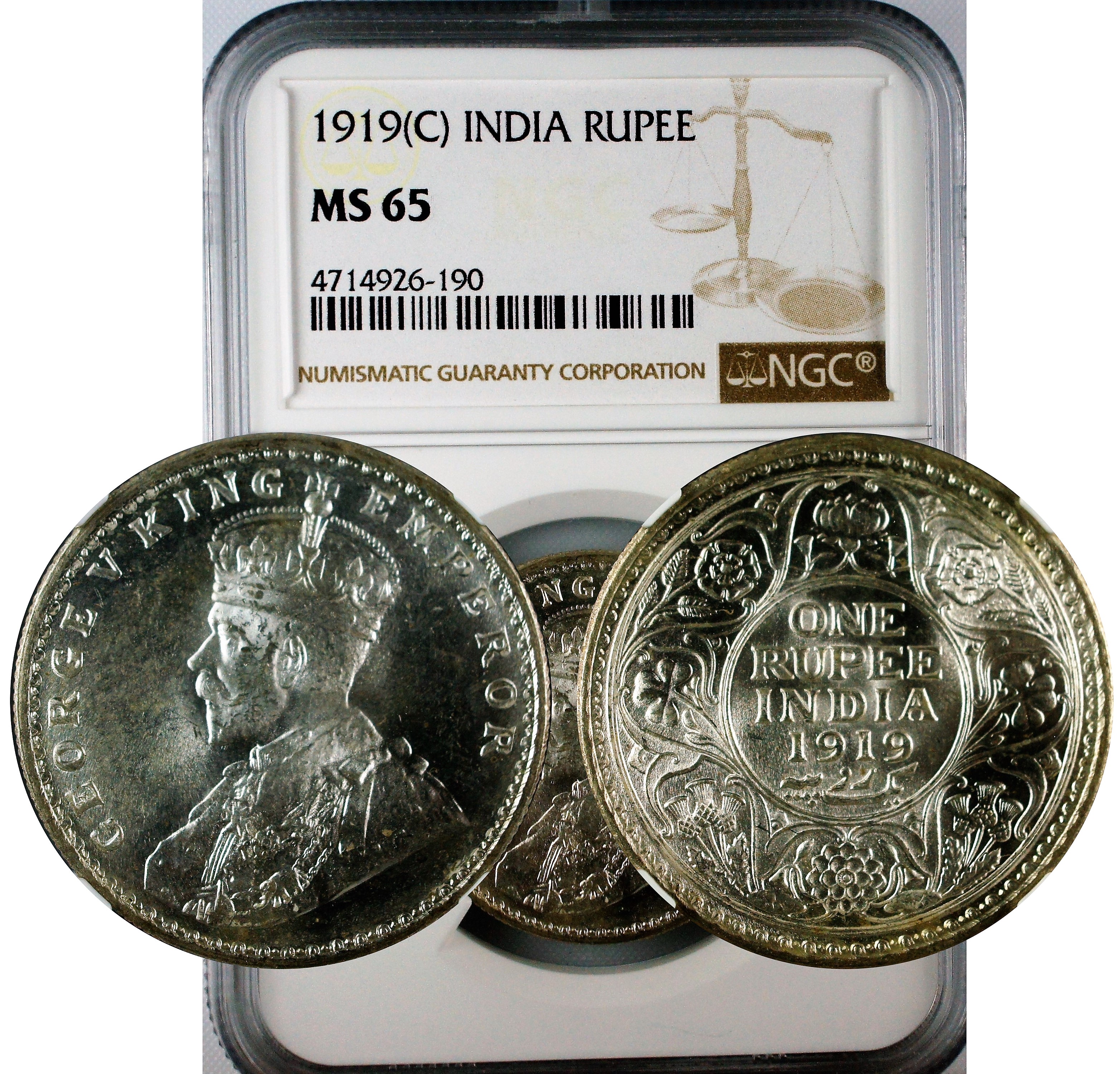 India 1919 C Rupee NGC MS65