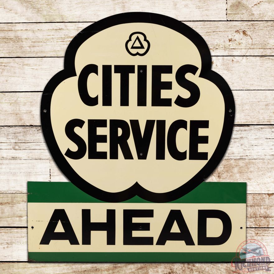Cities Service Gasoline Ahead Die Cut Single Sided Tin Sign w/ Logo
