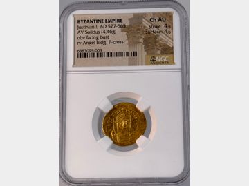 BYZANTINE JUSTINIAN I, AD (527-565) GOLD SOLIDUS CH AU STRIKE 4/5, SURFACE 4/5