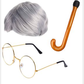 BEEFUNNY OLD MAN WIG AND GLASSES GRANDPA COSTUME ACCESSORIES INFLATABLE WALKING CANE 100TH DAY OF SCHOOL STARTER KIT (SILVER)