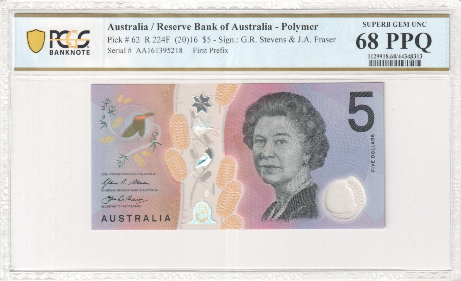 163 · RBA, Polymer, Sign.: G.R. Stevens & J.A. Fraser, First Prefix, Five Dollar, 2016, PCGS - Superb Gem UNC 68 PPQ